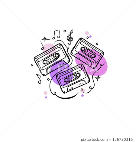 Minimalist continuous line art of vintage audio cassettes with musical notes and purple abstract shapes, retro 90s aesthetic illustration. Minimalist continuous line art of vintage audio cassettes with musical notes and purple abstract shapes, retro 90s aesthetic illustration. 136720316