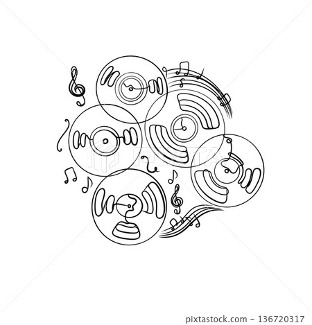 Modern hand-drawn vinyl records line art with musical notes in trendy minimal black and white style for branding, social media, merch, and digital products. Modern hand-drawn vinyl records line art with musical notes in trendy minimal black and white style for branding, social media, merch, and digital products. 136720317
