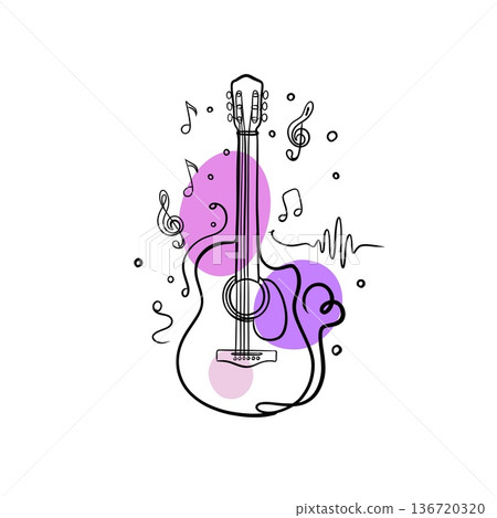 Expressive hand-drawn acoustic guitar line art with musical notes in modern black and white outline style for creative design 136720320