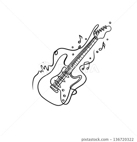Expressive hand-drawn electric guitar line art with musical notes in modern black and white outline style for creative design Expressive hand-drawn electric guitar line art with musical notes in modern black and white outline style for creative design 136720322