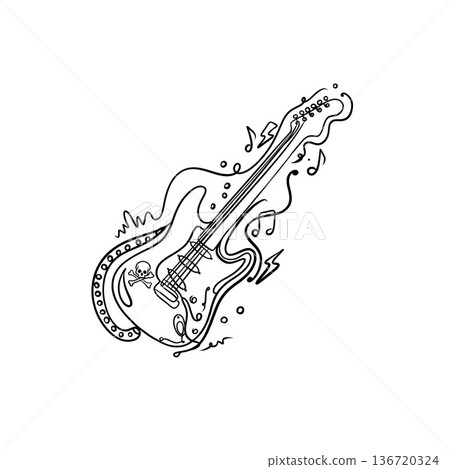 Expressive hand-drawn electric guitar line art with musical notes in modern black and white outline style for creative design 136720324