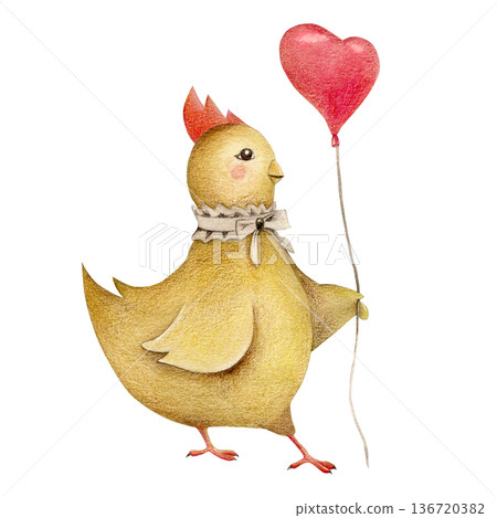 Chick with a heart-shaped balloon. Greeting card for birthdays, Mother's Day, and Valentine's Day. Hand-drawn watercolor illustration on a transparent background 136720382