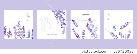 水彩畫。帶有水彩筆觸的春季植物模板。花卉植物裝飾背景套裝。 136720855