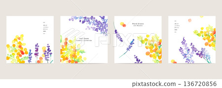 水彩畫。帶有水彩筆觸的春季植物模板。花卉植物裝飾背景套裝。 136720856