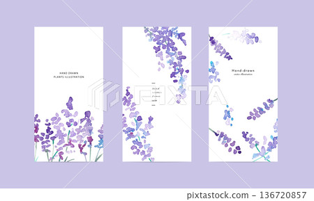 水彩畫。帶有水彩筆觸的春季植物模板。花卉植物裝飾背景套裝。 136720857