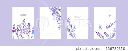 水彩畫。帶有水彩筆觸的春季植物模板。花卉植物裝飾背景套裝。 136720858