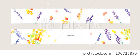 水彩畫。帶有水彩筆觸的春季植物模板。花卉植物裝飾背景套裝。 136720859