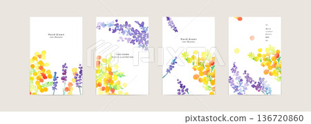 水彩畫。帶有水彩筆觸的春季植物模板。花卉植物裝飾背景套裝。 136720860