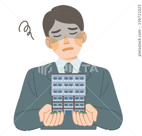 Illustration of a man in a suit depressed by the disadvantages of an apartment Illustration of a man in a suit depressed by the disadvantages of an apartment 136721025