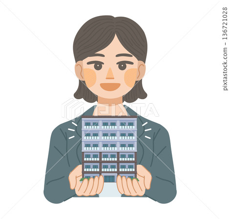Illustration of a woman in a suit recommending an apartment 136721028