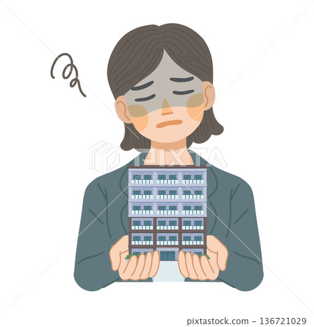 Illustration of a woman in a suit depressed by the disadvantages of an apartment 136721029