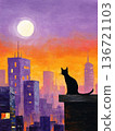 A black cat looking up at the full moon on the roof of a building 136721103
