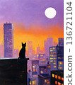 A black cat looking up at the full moon on the roof of a building 136721104