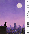 A black cat looking up at the full moon on the roof of a building 136721106