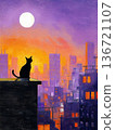 A black cat looking up at the full moon on the roof of a building 136721107
