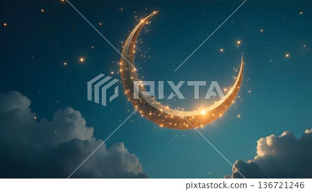Crescent moon and stars sparkle in the night sky, capturing the essence of Ramadan's holy atmosphere and community spirit 136721246