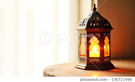 A golden lantern with a candle sits on a table, symbolizing warmth and light during Ramadan celebrations A golden lantern with a candle sits on a table, symbolizing warmth and light during Ramadan celebrations 136721499