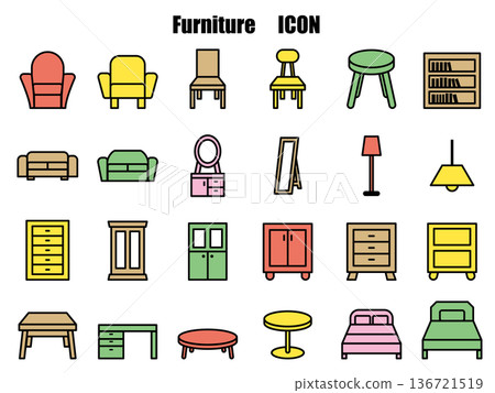 Simple interior furniture illustration icon set, bright colors Simple interior furniture illustration icon set, bright colors 136721519