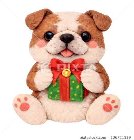 【聖誕節】插圖：一隻鬥牛犬抱著一個毛氈風格的禮物 136721529