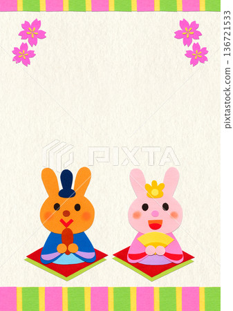 Hinamatsuri Rabbit Hina Dolls and Cherry Blossom Collage Illustration Background Material / Vertical A4 136721533