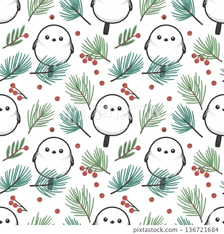無縫聖誕背景：長尾山雀 136721684