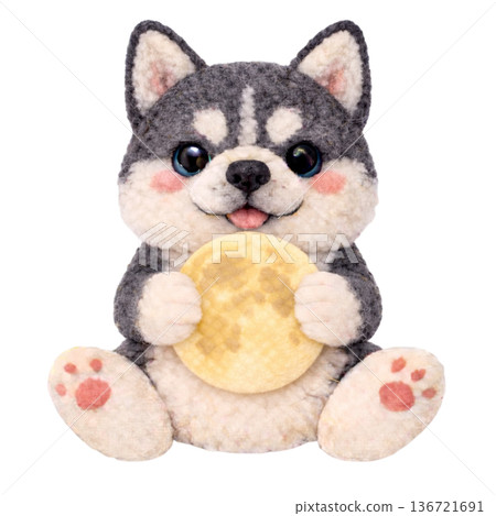 用毛氈繪製的西伯利亞哈士奇抱著一輪滿月。 136721691