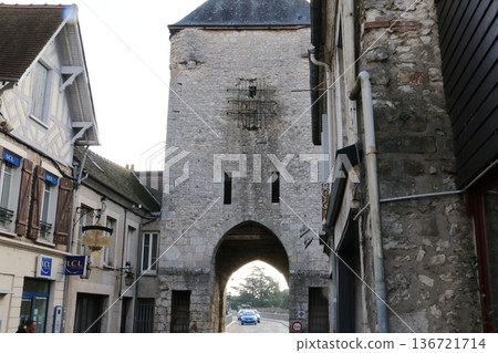 Moret-sur-Loing, a walled town near Paris that retains its medieval appearance 136721714