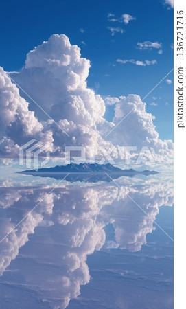 藍天和積雨雲倒映在水面上，構成了一幅絕美的自然景觀。 136721716