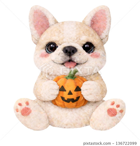 [Halloween] Illustration of a French bulldog holding a felt-style jack-o'-lantern 136722099