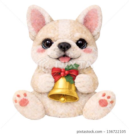 【聖誕節】插圖：一隻法國鬥牛犬叼著一個毛氈鈴鐺 136722105
