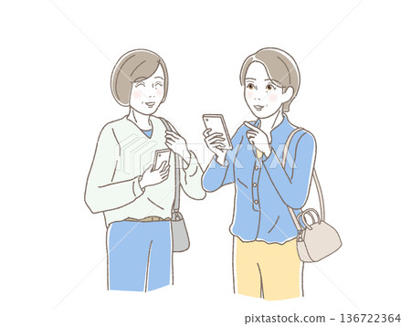 兩位老年女性邊看智慧型手機邊聊天,中年和老年女性,朋友,外出,旅行,散步,向量圖 兩位老年女性邊看智慧型手機邊聊天,中年和老年女性,朋友,外出,旅行,散步,向量圖 136722364