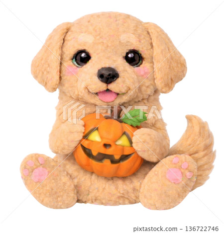 [Halloween] Illustration of a golden retriever holding a felt-style jack-o'-lantern 136722746