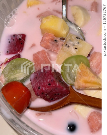 Hwachae, a refreshing Korean fruit punch made with colorful fruits and sweet syrup. Served chilled, it's a delightful treat for hot days, bursting with fruity flavors and vibrant colors. Hwachae, a refreshing Korean fruit punch made with colorful fruits and sweet syrup. Served chilled, it's a delightful treat for hot days, bursting with fruity flavors and vibrant colors. 136722767