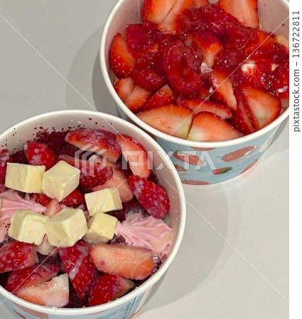 Swirled yogurt ice cream dessert served in a cup, smooth creamy texture with glossy surface, topped with fresh fruit pieces, highlighting its refreshing and inviting appearance in detail Swirled yogurt ice cream dessert served in a cup, smooth creamy texture with glossy surface, topped with fresh fruit pieces, highlighting its refreshing and inviting appearance in detail 136722811