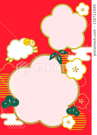 Japanese-style photo frame with plum blossoms, pine and bamboo for 2027 New Year's cards. No text, vertical, for two photos on a red background. Japanese-style photo frame with plum blossoms, pine and bamboo for 2027 New Year's cards. No text, vertical, for two photos on a red background. 136722889