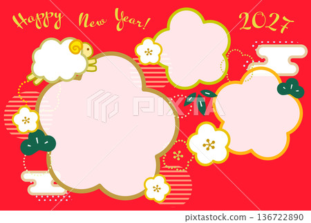 Japanese-style photo frame with plum blossoms and pine and bamboo for 2027 Year of the Sheep New Year's cards. Red background, no text, horizontal, for three photos. Japanese-style photo frame with plum blossoms and pine and bamboo for 2027 Year of the Sheep New Year's cards. Red background, no text, horizontal, for three photos. 136722890