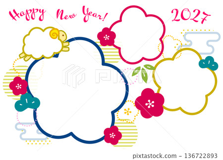 Japanese-style photo frame with plum blossoms and pine and bamboo for 2027 Year of the Sheep New Year's cards. For three horizontal photos, no text, on a white background. 136722893