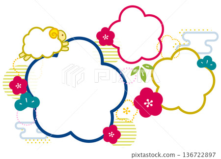 日式相框,飾以梅花、松竹圖案,適用於2027年羊年新年賀卡。可裝裱三張橫向照片,無需文字,白色背景。 日式相框,飾以梅花、松竹圖案,適用於2027年羊年新年賀卡。可裝裱三張橫向照片,無需文字,白色背景。 136722897