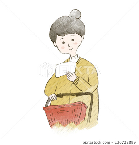 Woman holding a tray while pulling a shopping cart at the supermarket Woman holding a tray while pulling a shopping cart at the supermarket 136722899