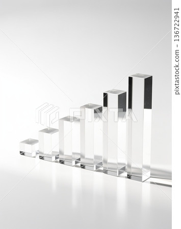 以透明壓克力條依高度順序排列在霧麵粉彩色底座上的金融成長概念。 136722941