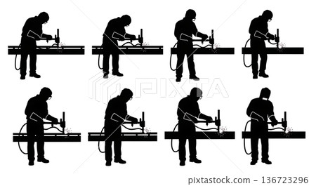 Black Solid Spot Welder Handheld Clamp Silhouettes Set of Six on White Background 136723296