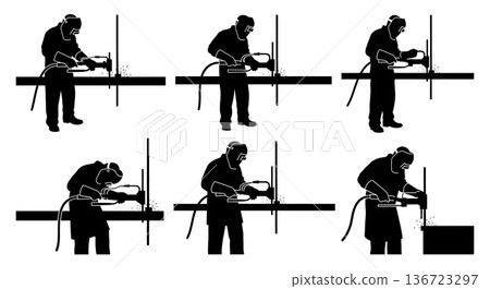Black Solid Spot Welder Handheld Clamp Silhouettes Set of Six on White Background 136723297