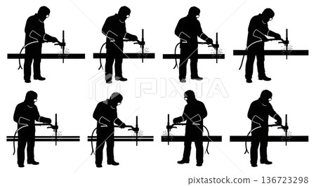 Black Solid Spot Welder Handheld Clamp Silhouettes Set of Six on White Background Black Solid Spot Welder Handheld Clamp Silhouettes Set of Six on White Background 136723298