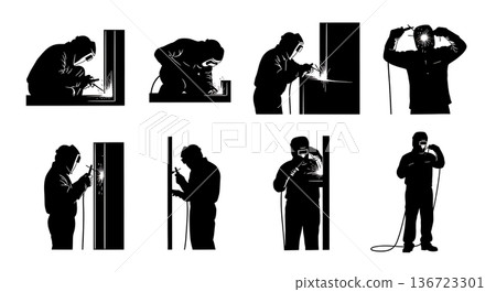 Black Solid Stainless Steel Kitchen Welder Silhouettes Set of Six on White Background 136723301