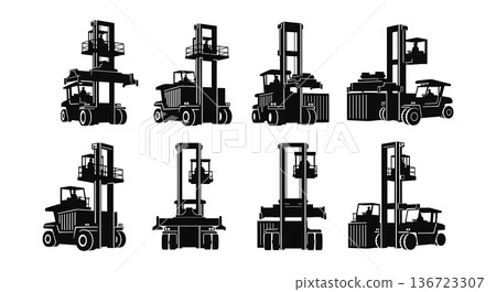 Black Solid Straddle Carrier Port Silhouettes Set of Six on White Background Black Solid Straddle Carrier Port Silhouettes Set of Six on White Background 136723307