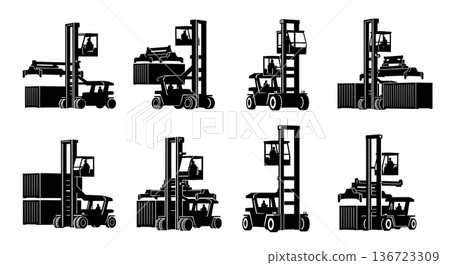 Black Solid Straddle Carrier Port Silhouettes Set of Six on White Background Black Solid Straddle Carrier Port Silhouettes Set of Six on White Background 136723309