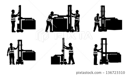 Black Solid Straddle Carrier Port Silhouettes Set of Six on White Background 136723310