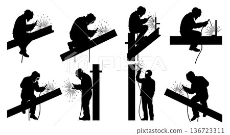 Black Solid Structural Beam Welder Overhead Silhouettes Set of Six on White Background 136723311