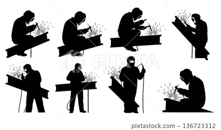 Black Solid Structural Beam Welder Overhead Silhouettes Set of Six on White Background 136723312