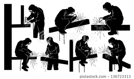 Black Solid Structural Beam Welder Overhead Silhouettes Set of Six on White Background Black Solid Structural Beam Welder Overhead Silhouettes Set of Six on White Background 136723313